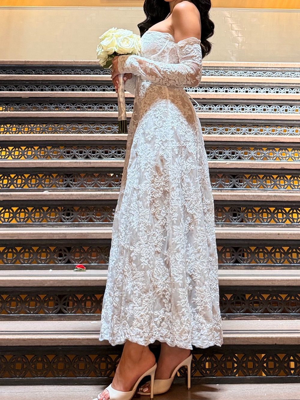 V. Chapman White Lace Off-the-Shoulder Bridal Midi Dress